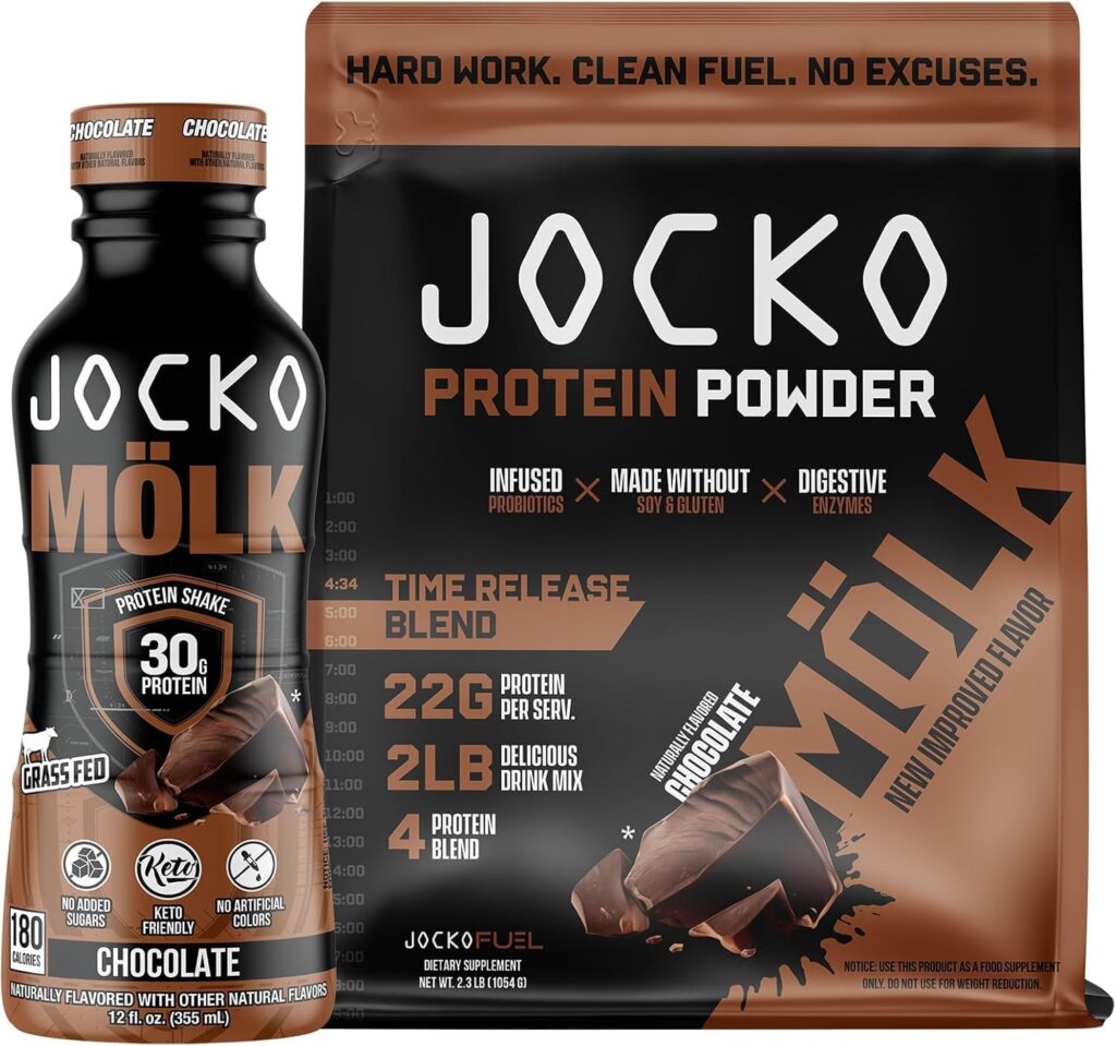 РусскийКомплект Jocko Fuel (2 шт.): протеиновый порошок MOLK (шоколадный вкус) и готовый к употреблению протеиновый коктейль.